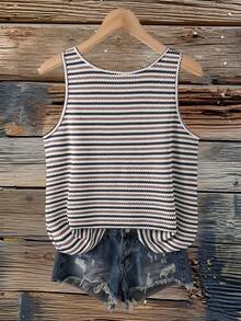 SHEIN VCAY Plus Size Women Summer Apricot Striped Button Decor Sleeveless Camisole - Brown - View 2