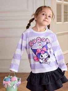 HELLO KITTY AND FRIENDS | SHEIN 年轻女孩趣味字母图案条纹宽松落肩长袖针织休闲T恤