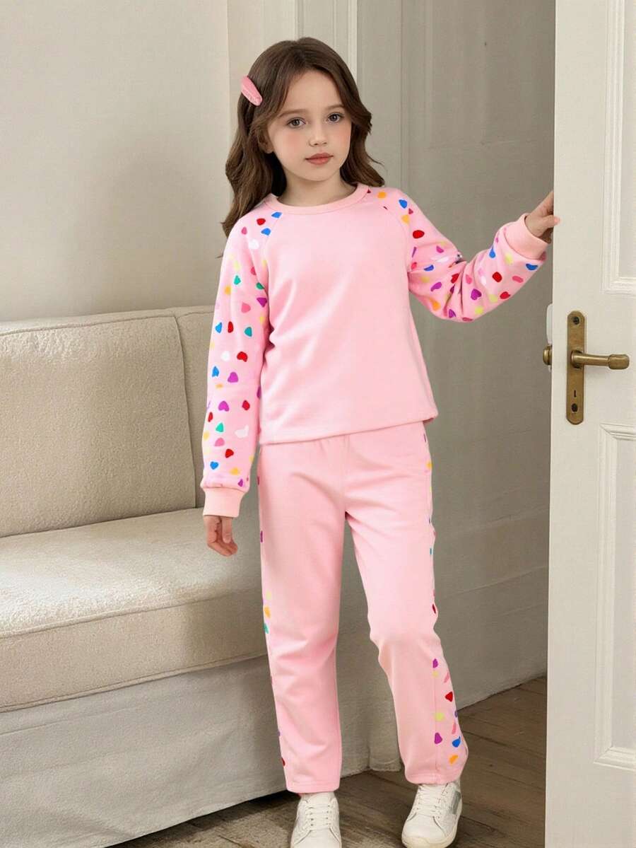 2pcs/Set Tween Girls Heart & Ditsy Floral Sweatshirt + Leggings Fall Winter - Pink - View 1