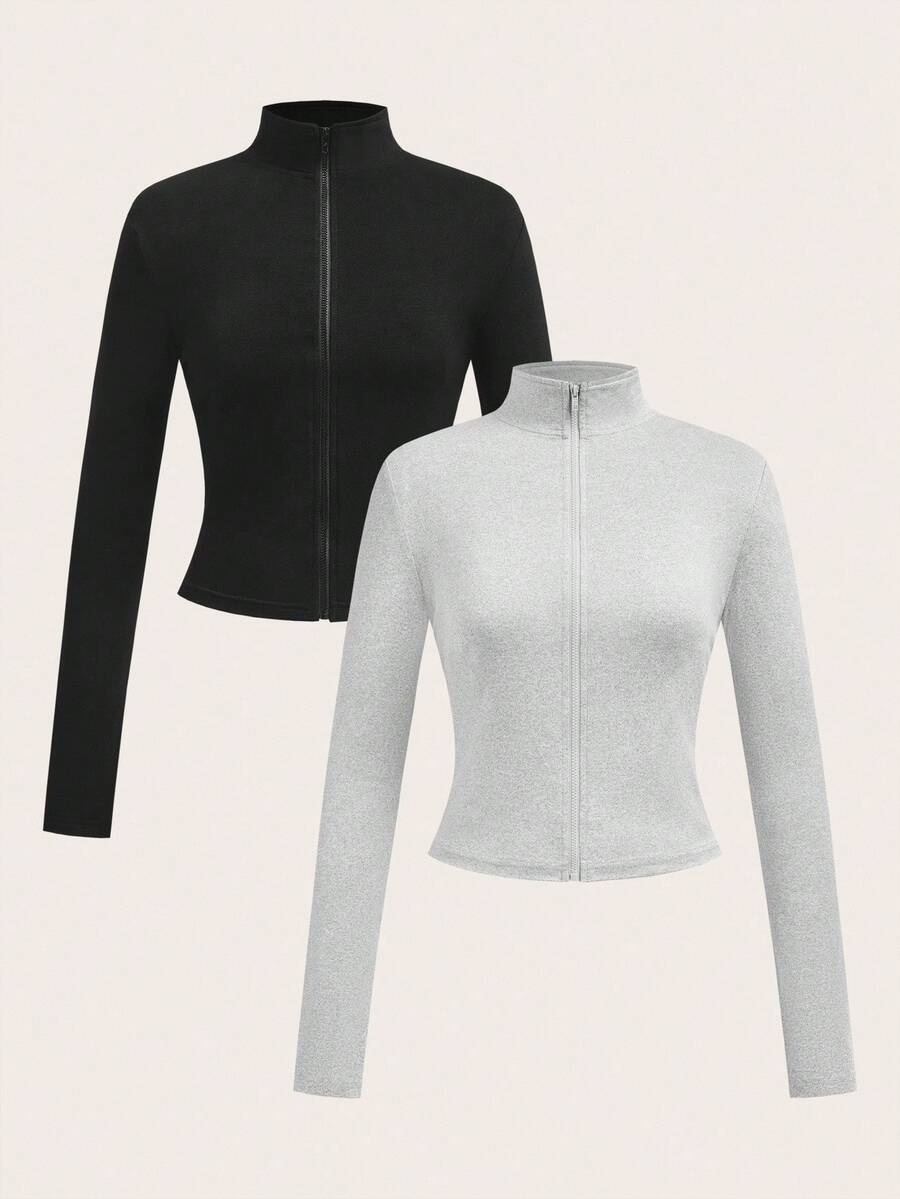 SHEIN EZwear 2 件套花卉 & 灰色 & 黑色针织拉链长袖 T 恤女士，适合春秋季 - 彩色 - 查看 1