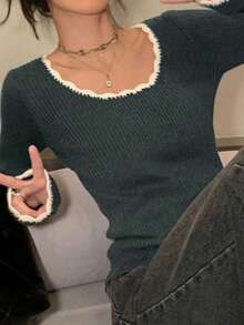 INAWLY Áo len chui đầu dài tay viền ren Colorblock cỡ lớn cho mùa đông - Nhiều màu - Xem 3