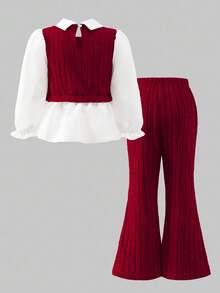 Tenue décontractée de printemps/automne pour filles, comprenant une chemise bordeaux avec décoration de nœud 3D, un tricot perlé, un col et une bordure volantés, associée à un pantalon évasé kaki orné de perles, un ensemble 2 pièces, convenant pour la rentrée scolaire, le style décontracté, la mode, le look mignon et confortable pour l'extérieur/les voyages