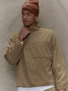 Musero Men Long Sleeve Oversized Stand Collar Hidden Asymmetric Placket Press Button Fastening Co-Ord Sets Top Only Fall/SPRING SUMMER Clothes - Khaki - View 6