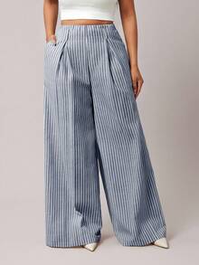 Radiana 女士卡其色条纹西装裤，百搭下装，适合日常外出和办公室通勤，秋冬条纹阔腿裤 - 藏蓝色 - 查看 2