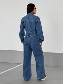 StreetHx Women's Casual Washed Denim Long Sleeve Jumpsuit Denim Jumpsuits Denim Outfit Women Jean Outfits Sets For Women Jean 2 Piece Set 2 Piece Denim Sets Woman - Blue - View 7