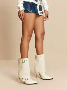 Daringsoles 女式时尚尖头扣环高跟中筒靴 - 米色 - 查看 7