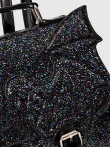 ROMWE Gothic Style Bat Wings Design Shoulder Backpack, School Backpack, Halloween - Black Glitter - View 3