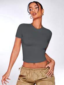 Silquee Solid Fitted Tee - Dark Grey - View 5