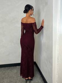 SHEIN BAE Váy đuôi cá trễ vai ren đen trơn dành cho nữ, phù hợp cho các buổi hẹn hò và tiệc tùng - Màu Tím - Xem 2