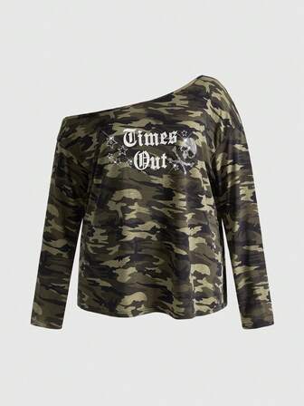 J-Fashion T-shirt femme grande taille casual 2 en 1 à une épaule avec imprimé tête de mort et strass, style punk