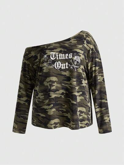 J-Fashion Maglietta da donna casual oversize 2 in 1 con stampa punk a teschio e strass, con una spalla