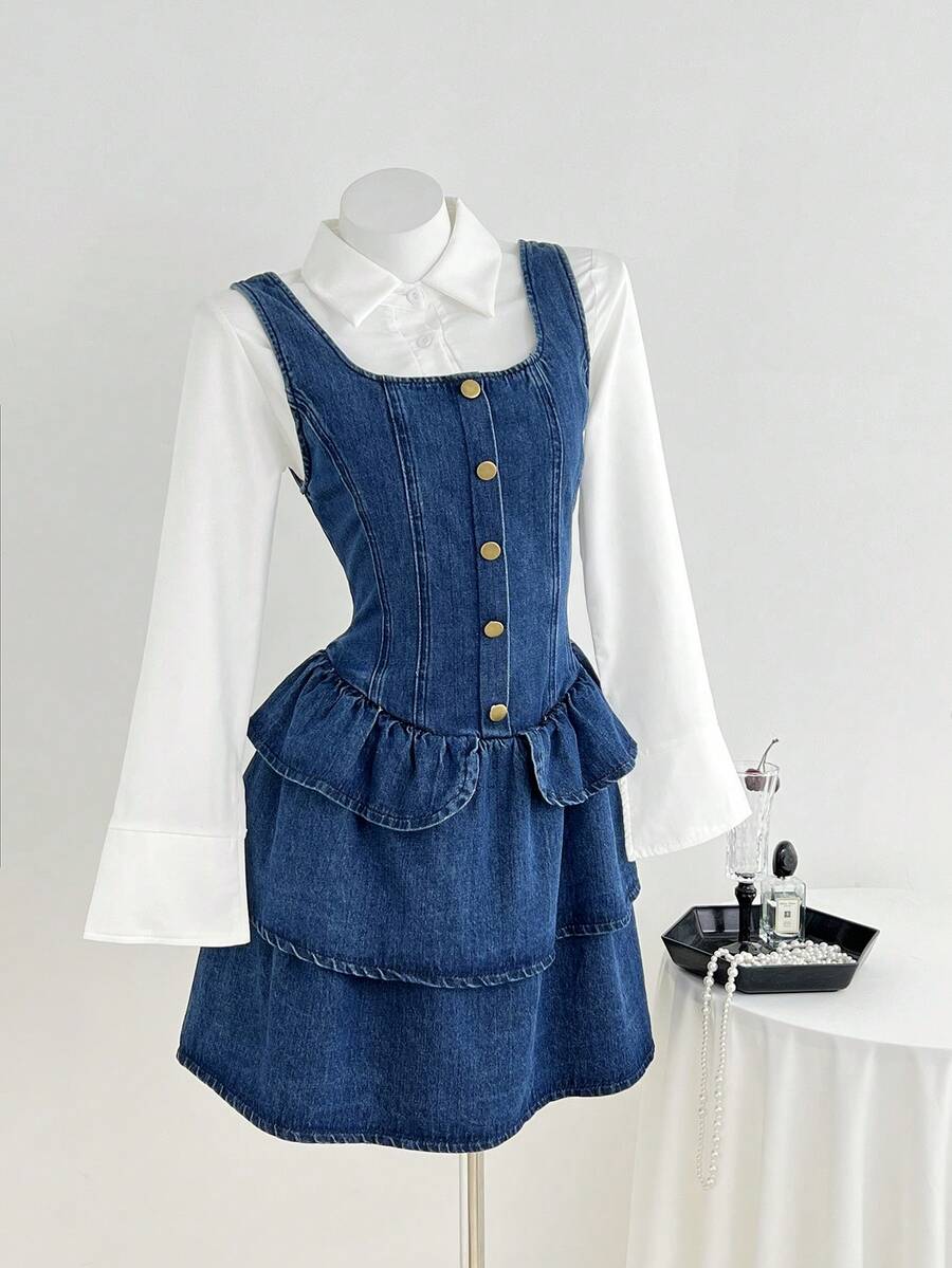 Elamini Women's Casual Washed Denim Sleeveless Ruffle Hem Dress Denim Denim Dress Ruffle Denim Dress Denim Pinafore Dress - Blue - View 1