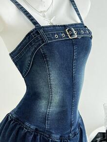 Elamini 女式撞色毛绒拼接牛仔吊带裙 - 藍色 - 查看 3