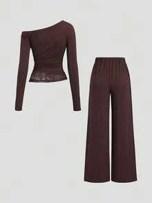 Sweetra 2pcs Women Solid Color Lace Patchwork Asymmetrical Shoulder Long Sleeve T-Shirt And Pants Set - Brown - View 2