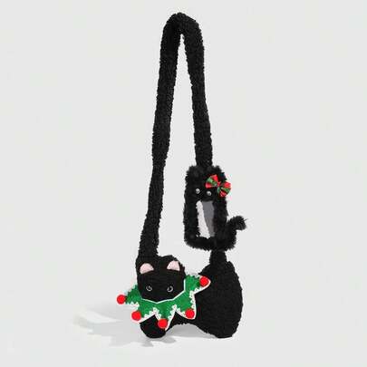 Kawaii 1pc Cute Black Plush Cat Bag In A Collegiate Style, A Christmas Autumn And Winter Cat Shoulder Bag, Paired With A Black Cat Christmas Bow Card Holder Single Strapmpit Bag