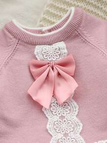 SHEIN 新生儿三件套：蕾丝边拼色毛衣、连脚裤和针织帽。舒适时尚，适合秋冬季穿着，适合日常穿着、外出、度假和聚会。 - 粉色 - 查看 7
