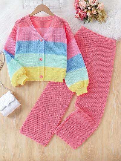 Sparklyn 女童彩虹拼色宽松针织开衫+长款休闲直筒裤两件套，秋冬