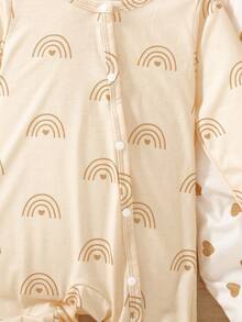 SHEIN Playful Pals Heart Print Newborn Baby Jumpsuit, Rainbow Khaki Jumpsuit