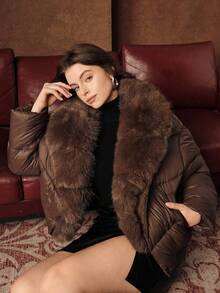 Anewsta Damen Große Größen Luxus plissierter Fellkragen, locker geschnittene kurze Jacke mit Kordelzug, dick, geeignet für Herbst, Autumn, Winter, elegant, schick, Neujahr, Lässig, Weihnachten - Braun - Übersicht 7