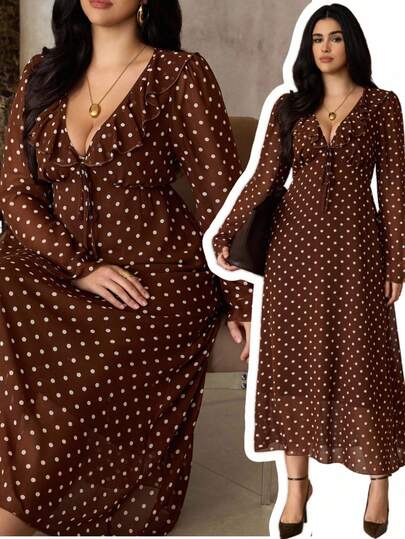 Roveilla Plus Size V-Neck Flare Sleeve Chiffon Polka Dot Waist Dress, Spring/Autumn Rust Brown Dress 70s Dress Coffee Brown Dress Brown Elegant Dress Women Brown Polka Dot Dress