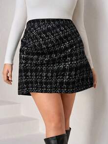 Chikora Plus Size Black Elastic Knit Pleated A-Line Skirt, Elegant For Everyday Wear And Versatile Winter Christmas Thanksgiving Winter New Year