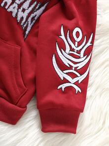 SHEIN 2 件男婴字母刺绣连帽衫和裤子套装，柔软舒适的休闲风格，适合秋冬季外出、户外玩耍、度假、日常穿着 - 酒紅色 - 查看 3