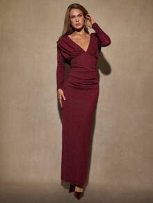 SHEIN BAE Robe sexy à col en V profond et drapée pour femmes, idéale pour les soirées - Rouge foncé - Voir 3