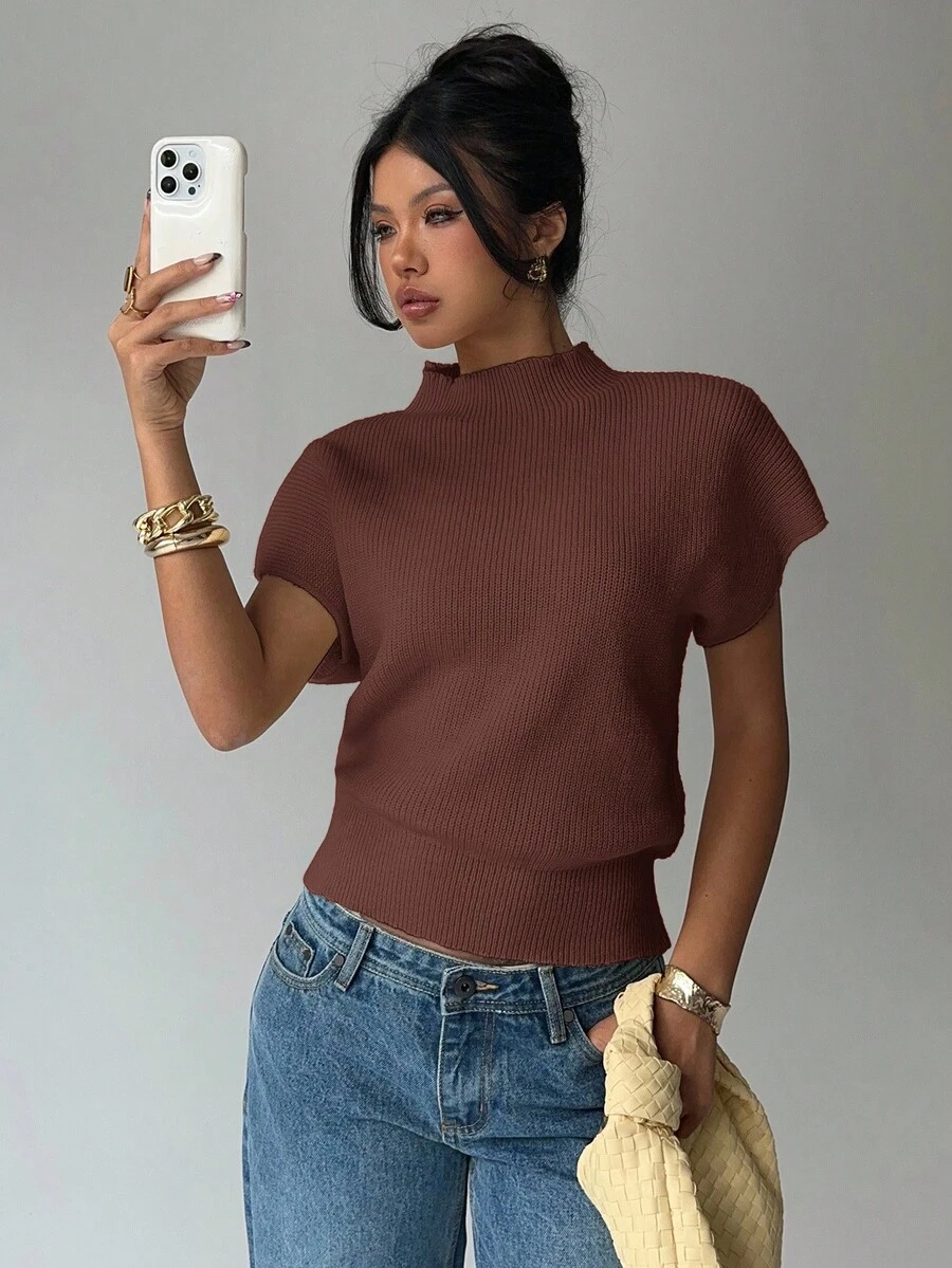 Aloruh Women's Solid Color Mandarin Collar Batwing Short Sleeve Casual Knit Top, Autumn/Winter - Brown - View 1