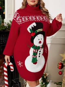 Enliva Vestido de punto con cuello alto y estampado de muñeco de nieve para mujer de talla grande, ideal para la temporada navideña/invierno, para silueta redondeada tipo manzana - Rojo - Ver 5