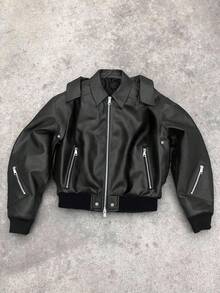 Manfinity EMRG 男士长袖皮夹克，街头风百搭复古美式休闲夹克，拉链设计情侣款，秋冬皮夹克，飞行员夹克，黑色夹克，Y2K夹克，短款夹克，街头风夹克 - 灰色 - 查看 1