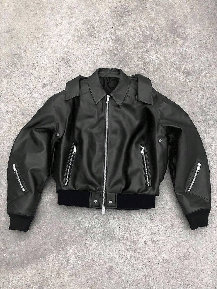 Manfinity EMRG 男士长袖皮夹克，街头风百搭复古美式休闲夹克，拉链设计情侣款，秋冬皮夹克，飞行员夹克，黑色夹克，Y2K夹克，短款夹克，街头风夹克 - 灰色 - 查看 1