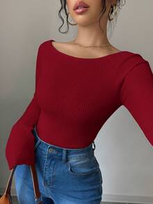 Elenzga 1 件露肩喇叭袖修身女式毛衣 - 紅色 - 查看 6