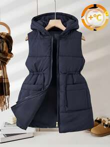 SHEIN Casuvi Kids Tween 加长连帽背心，带口袋和拉链 - 藏蓝色 - 查看 5