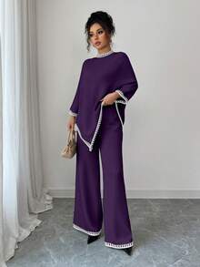 Elenzga Women's Casual Loose Poncho Design Top And Loose Contrast Color Pants Knit Two Pieces Set - Purple - View 4