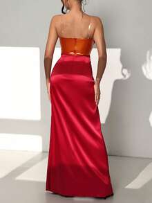 Glisette 女式金属拼接缎面撞色腰部扭纹开衩下摆超长派对连衣裙，秋冬 - 彩色 - 查看 6