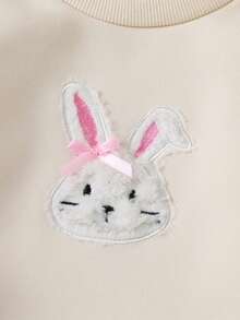 SHEIN Baby Girls' Casual Cute Rabbit Embroidery Fuzzy Hem Round Neck Long Sleeve Knit Top And Flare Leg Pants Set, Autumn/Winter - Beige - View 7