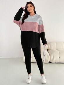 SHEIN Essnce 大码女装秋冬休闲宽松磨毛面料长袖连帽T恤打底裤两件套 秋季女装两件套 返校节机场女装亲子装休闲女套装 - 彩色 - 查看 1