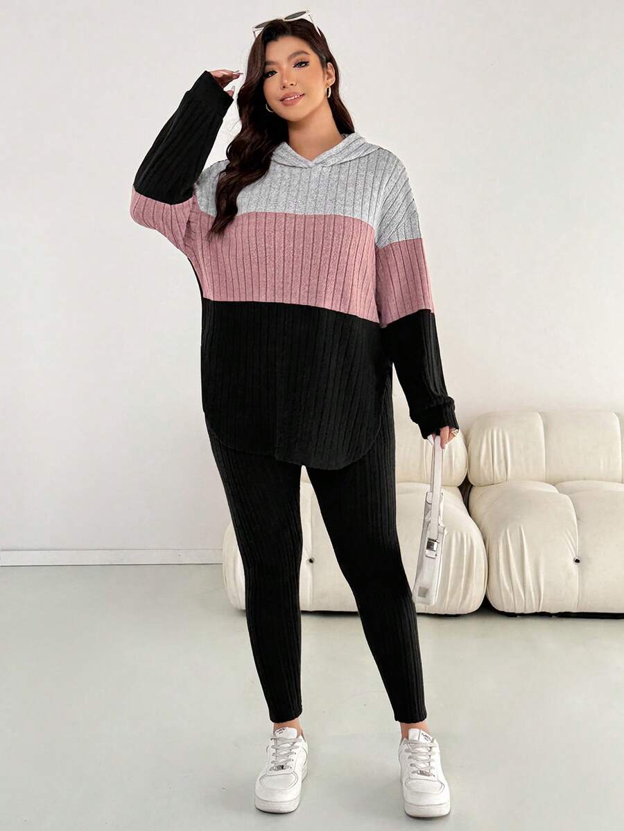 SHEIN Essnce 大码女装秋冬休闲宽松磨毛面料长袖连帽T恤打底裤两件套 秋季女装两件套 返校节机场女装亲子装休闲女套装 - 彩色 - 查看 1