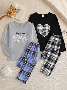 SHEIN 4pcs Girls Letter Print Long Sleeve Top + Plaid Pants Casual Homewear Set - Multicolor - View 10