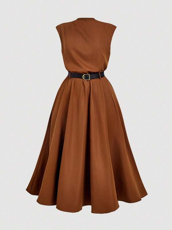 SHEIN MOD فستان نسائي بلون أحادي بدون أكمام، فستان أنيق للمكتب (مع حزام)