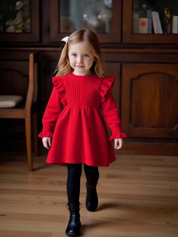 SHEIN 1 paquete Vestido de suéter rojo sencillo y casual para niña pequeña con decoración de volantes, adecuado para fiestas de cumpleaños, fiestas de noche, actuaciones, bodas, bautizos y ceremonias de apertura. Adecuado para uso diario, adecuado para Navidad y adecuado para las temporadas de otoño e invierno.