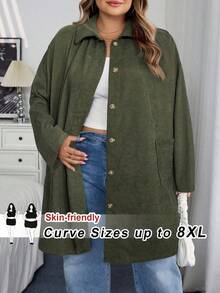 SHEIN CURVE+ Curve 加大码/秋装/秋季女装/女冬装/冬装大码女式乡村风格灯芯绒双口袋纽扣门襟中长外套，秋季夹克加大码夹克 8xl 女装 6xl 加大码女装 5xl 加大码加大码灯芯绒夹克，女式秋季服装/秋/冬 - 軍綠色 - 查看 7