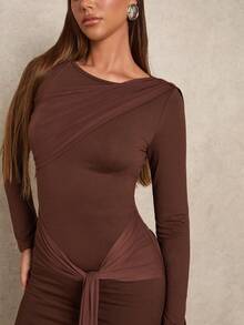 Glamine Women's Solid Color Ruffle Hem Fitted Long Sleeve Maxi Dress,Coffee Brown,Autumn,Elegant,Party Night Brown Elegant Dress - Coffee - View 6
