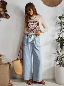 EMERY ROSE Pantalones vaqueros de pierna ancha con cordón y lavado casual para vacaciones - Azul - Ver 3