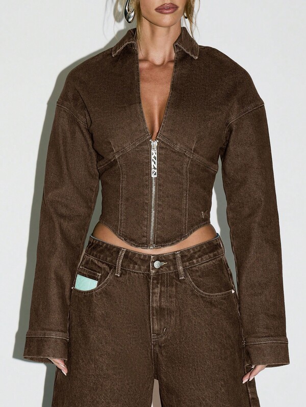 KIZN جاكيت جينز مقصوص مع سحاب أمامي وخياطة متباينة للملابس الخارجية الكاجوال في فصلي الخريف والشتاء