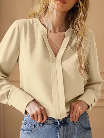 Écloséra Casual Solid Color Notched Neck Shirt, Versatile For Autumn