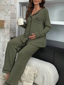 Moonlight&Mama Maternity Pocket Letter Print Distressed Long Sleeve Ribbed Top & Pants Loungewear Set, Sage Green Pajama Set Lounge Set, Winter