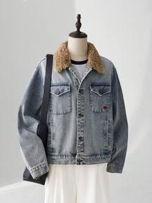 ESTAVOR Men's Autumn/Winter Patchwork Sherpa Collar Single-Breasted Casual Denim Long Sleeve Jacket - Baby Blue - View 5