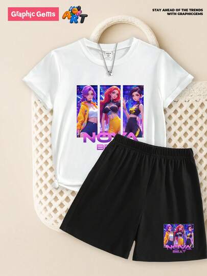 GraphicGems Young Girls' Set, Cute Cartoon Character Design Graphic Short Sleeve T-Shirt And Shorts Set, Ideal For K-Pop Fans And Everyday Wear, Comfortable Casual Cyberpunk Anime Style Pullover T-Shirt, Suitable For Daily, Outdoor, Sports And School