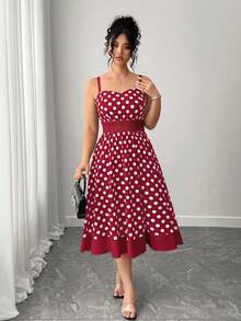 Elenzga 大码无袖修身波尔卡圆点荷叶边修身吊带裙 - 彩色 - 查看 3